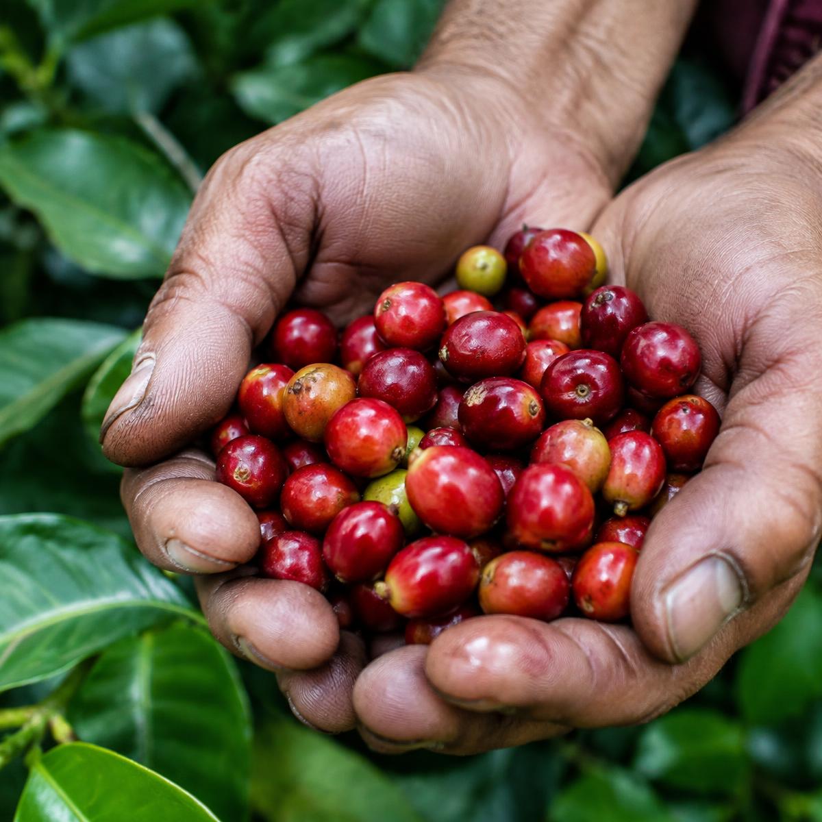 Hands holding ripe coffee cherries